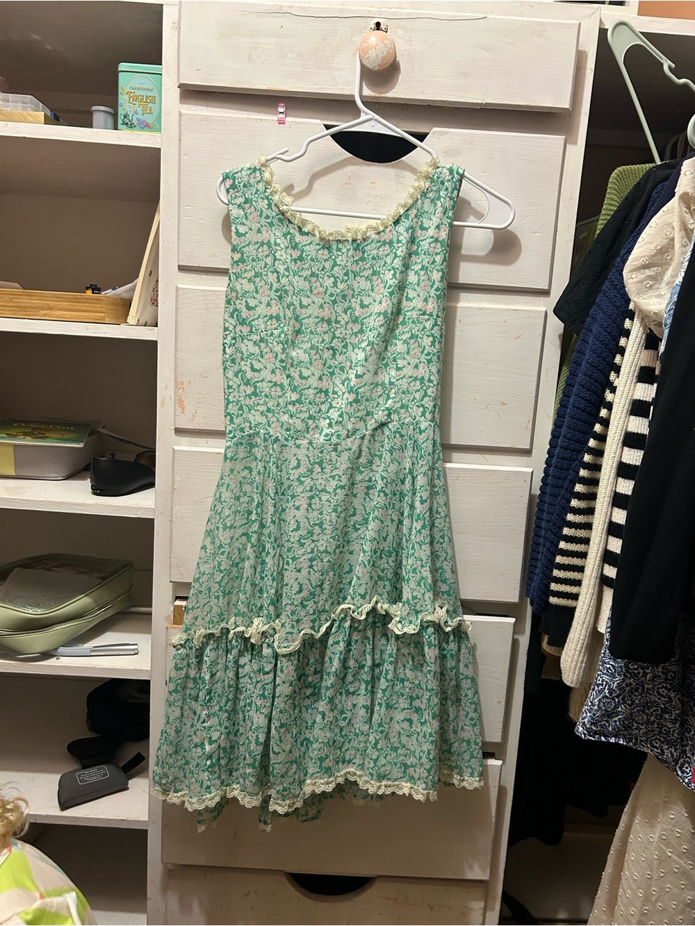 Vintage Mint Floral Ruffle Hem Dress